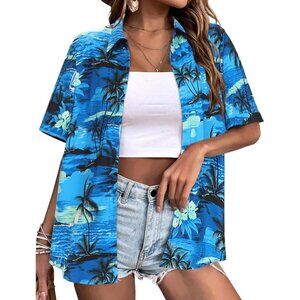 Women Blue Hawaiian Button Down Shirts Short Sleeve Casual Floral Shirt